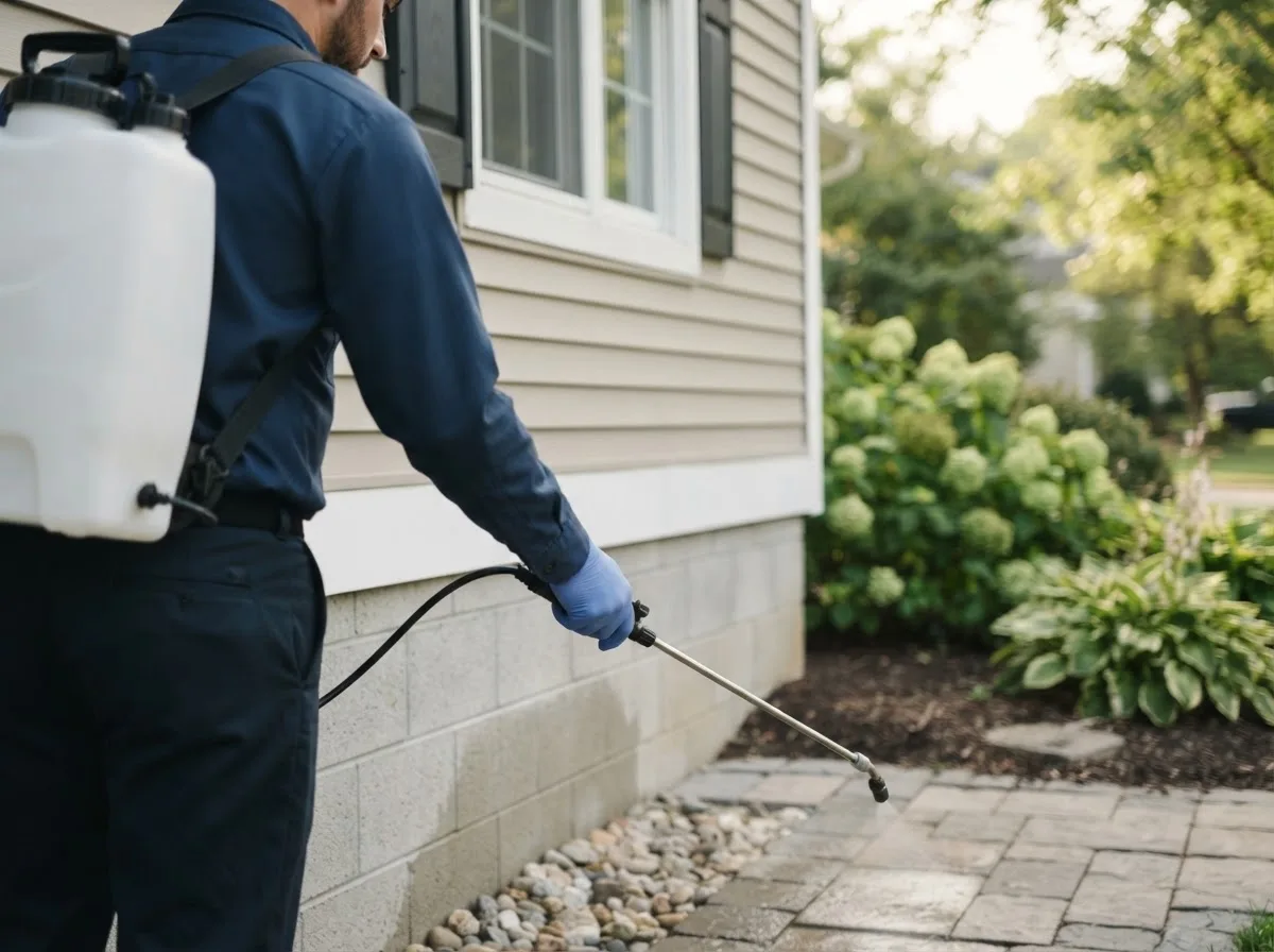 Pest control technician inspecting a home in Bradner, OH